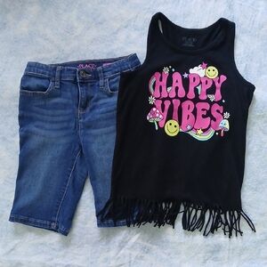 The Children's Place Black Tank 'Happy Vibes' Graphic & CP Denim Shorts SZ 8